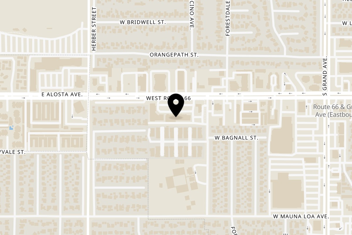 Map showing the location of Petrillo's Pizza on 750 W Route 66 in Glendora